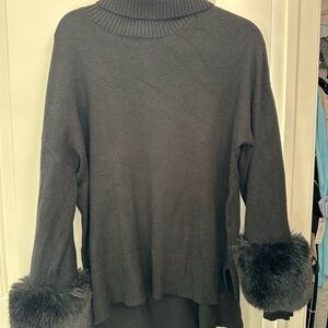 Saks Fifth Avenue Black Turtleneck Sweater with Faux Fur Cuffs